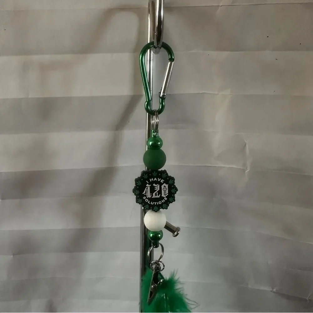 Handmade 420 Feather Clip Keychain | Green Black Theme Stoner Gift Accessory
